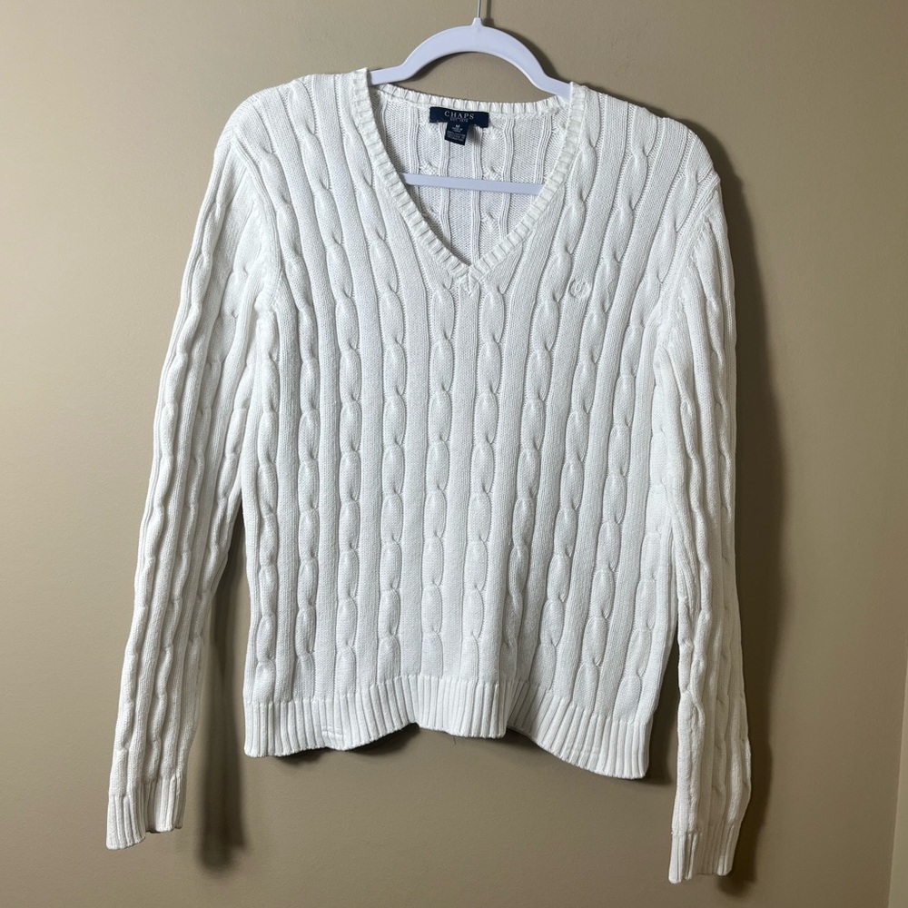 CHAPS White Cable Knit V-Neck Cotton Sweater Medium Preppy‎ Academia Minimalist
